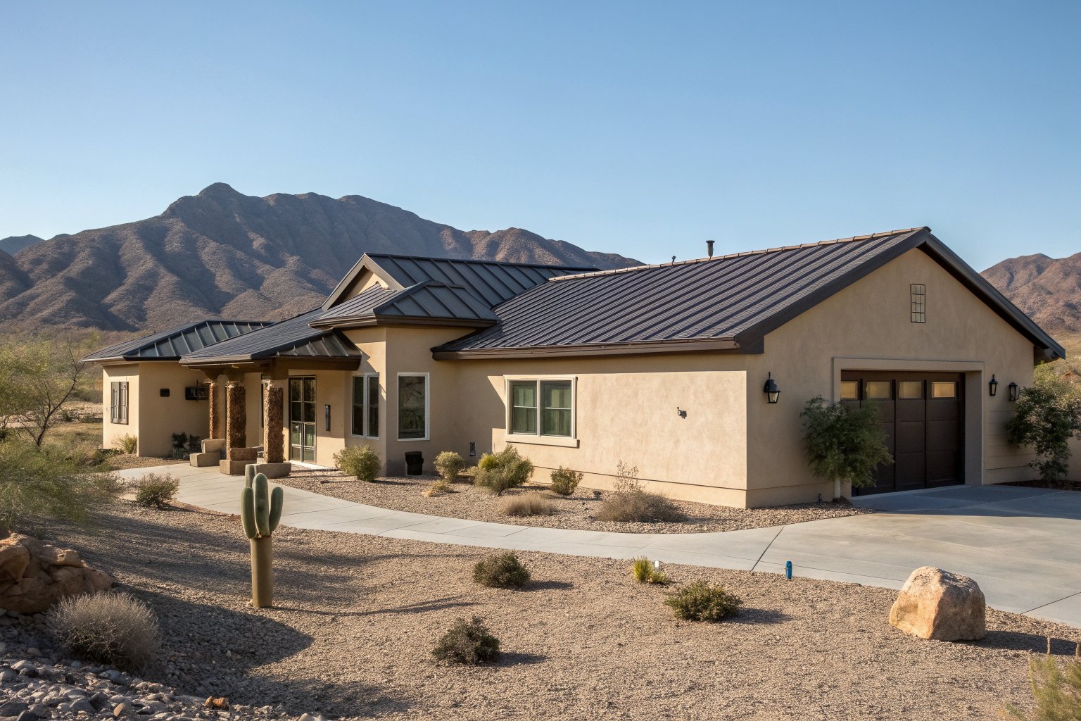 A single-story stucco home with a dark bronze standing-seam metal roof, cactus landscaping and mountains behind