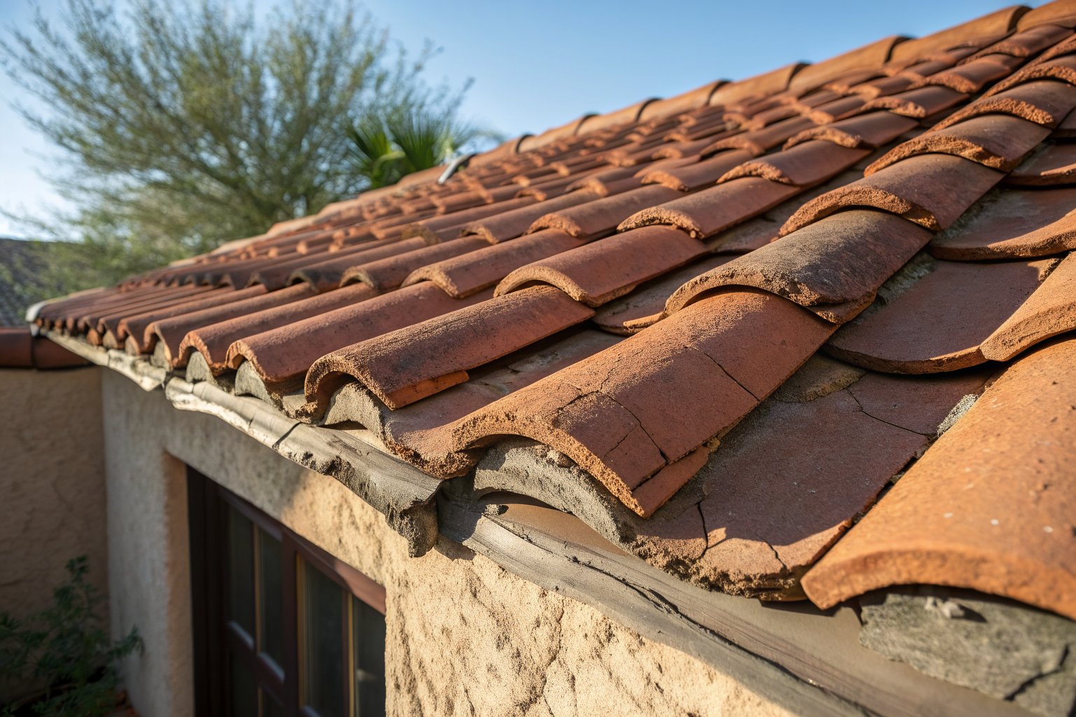 Close view of a terracotta clay tile roof with a few cracked and slipped tiles