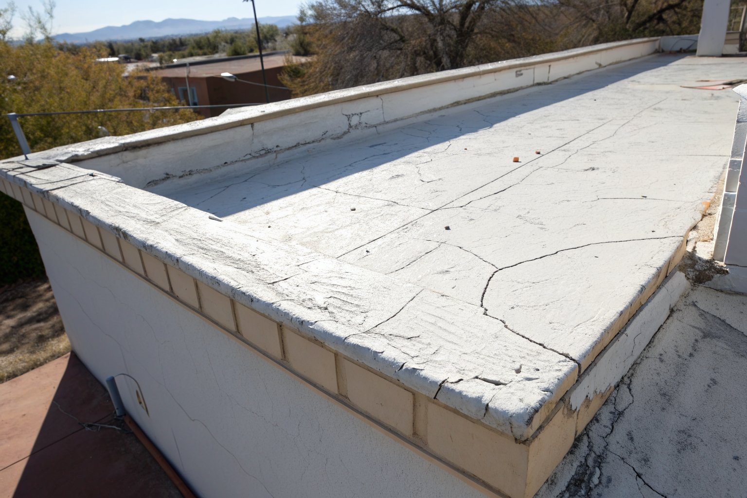Close view of a cracked and peeling white coating on a flat roof beside a stucco parapet
