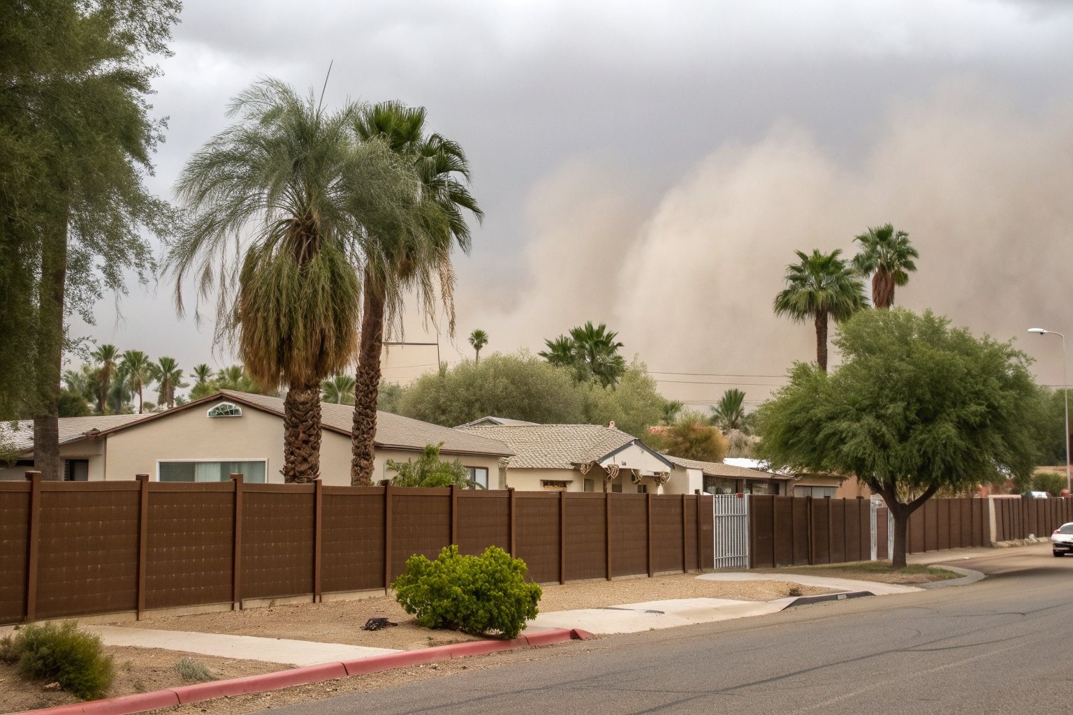 A wall of blowing dust moving toward a street of low homes behind a brown fence, with palm trees bending