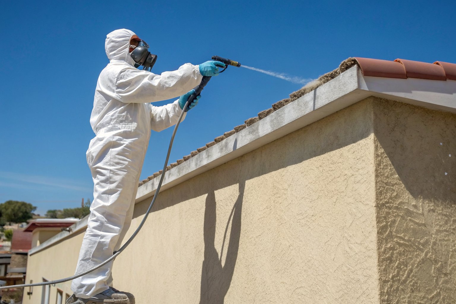 A worker in a white coverall and respirator spraying foam along the top of a stucco parapet