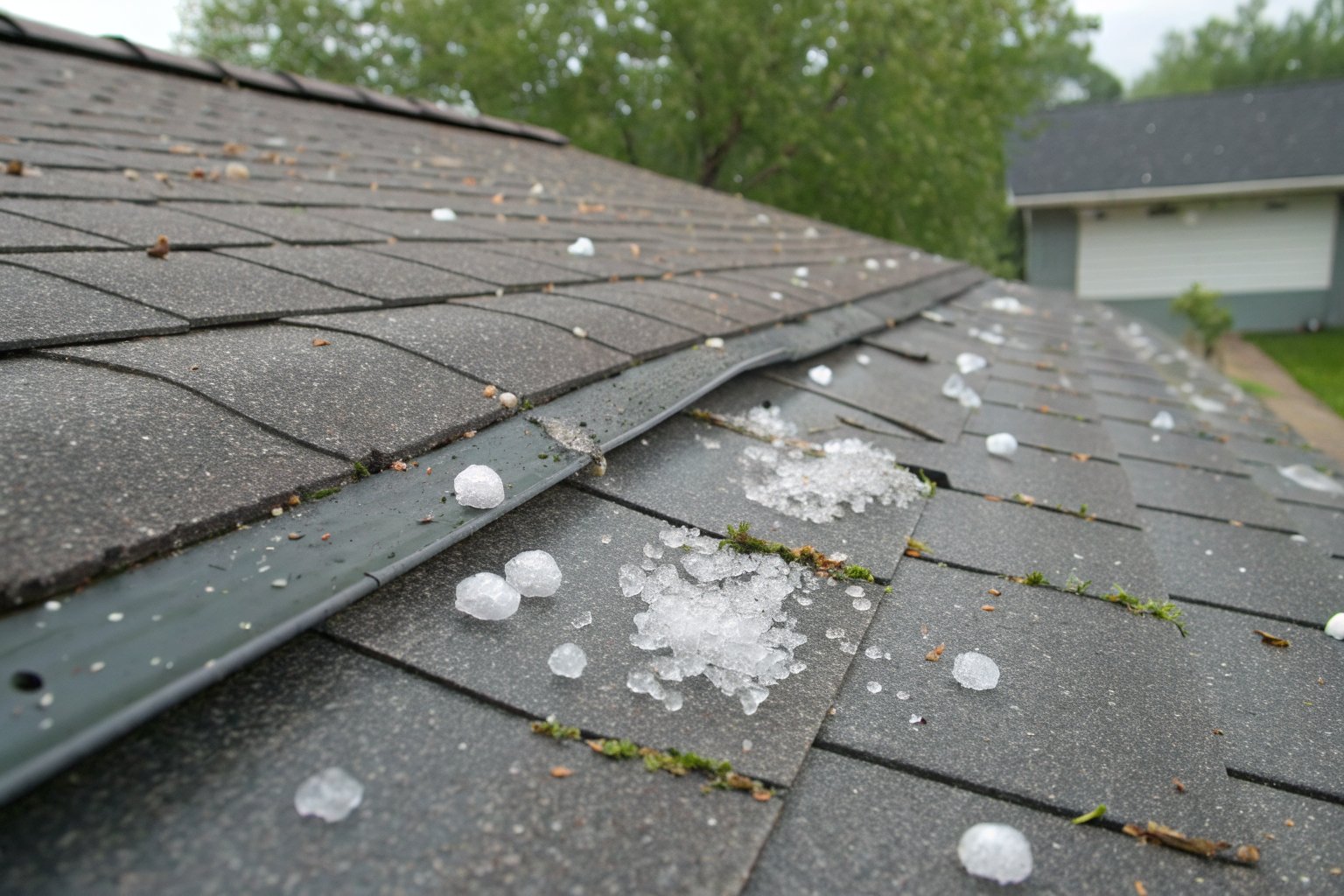Hailstones and bruised spots on a gray asphalt shingle roof right after a storm