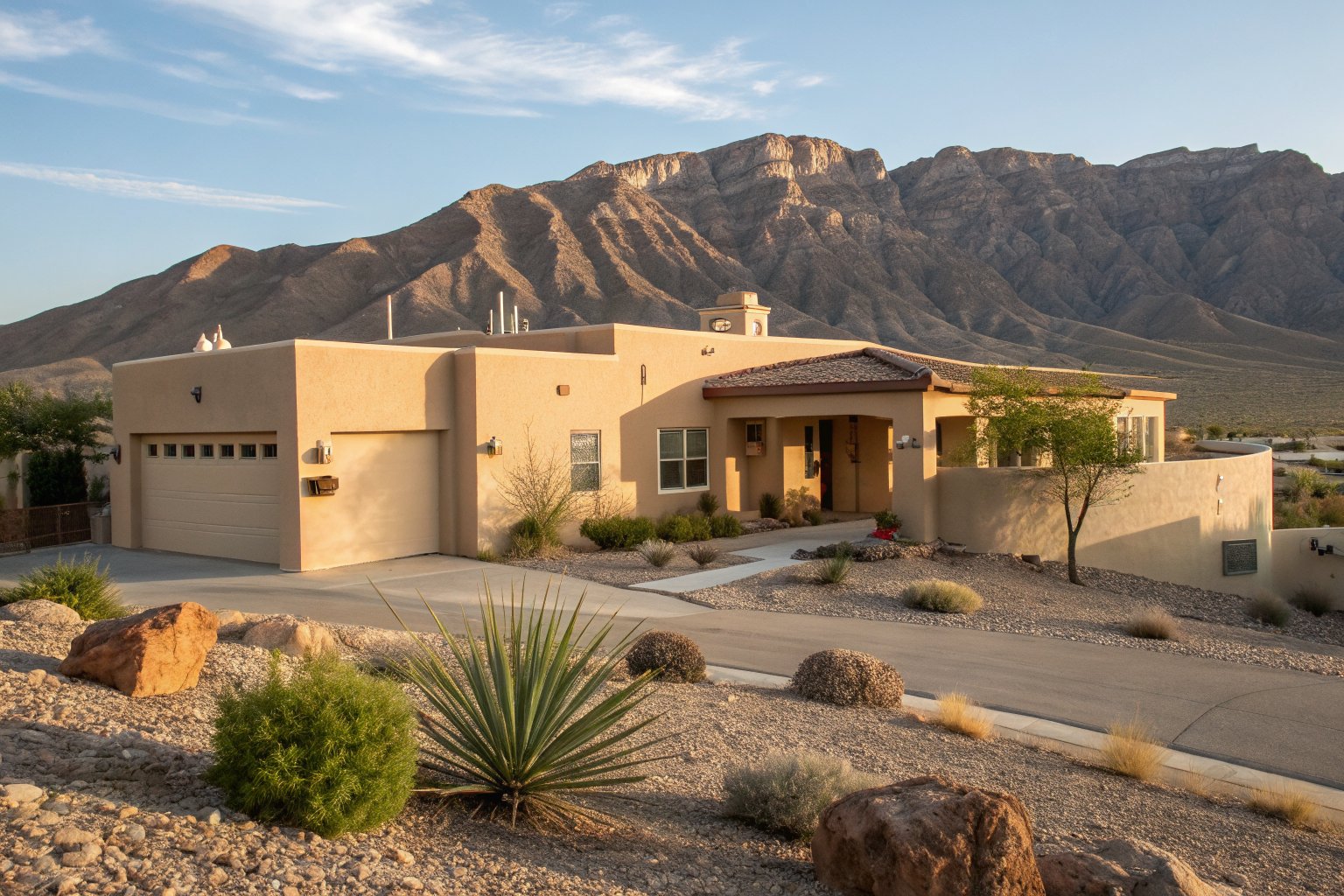 A one-story tan stucco home with a flat roof behind a parapet, a desert yard with agave and boulders, and rugged mountains behind