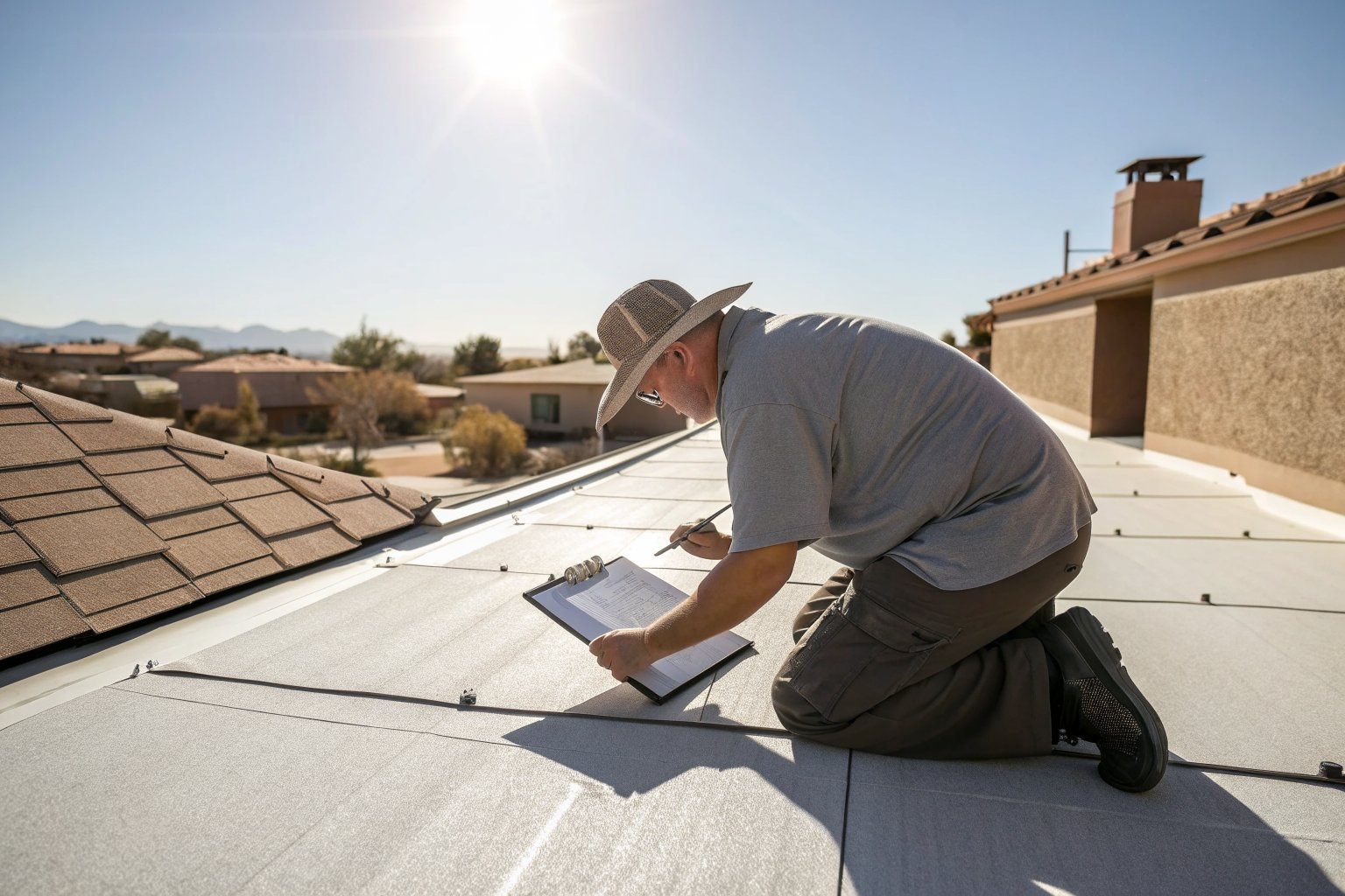 An inspector in a sun hat kneeling on a flat roof and taking notes on a clipboard