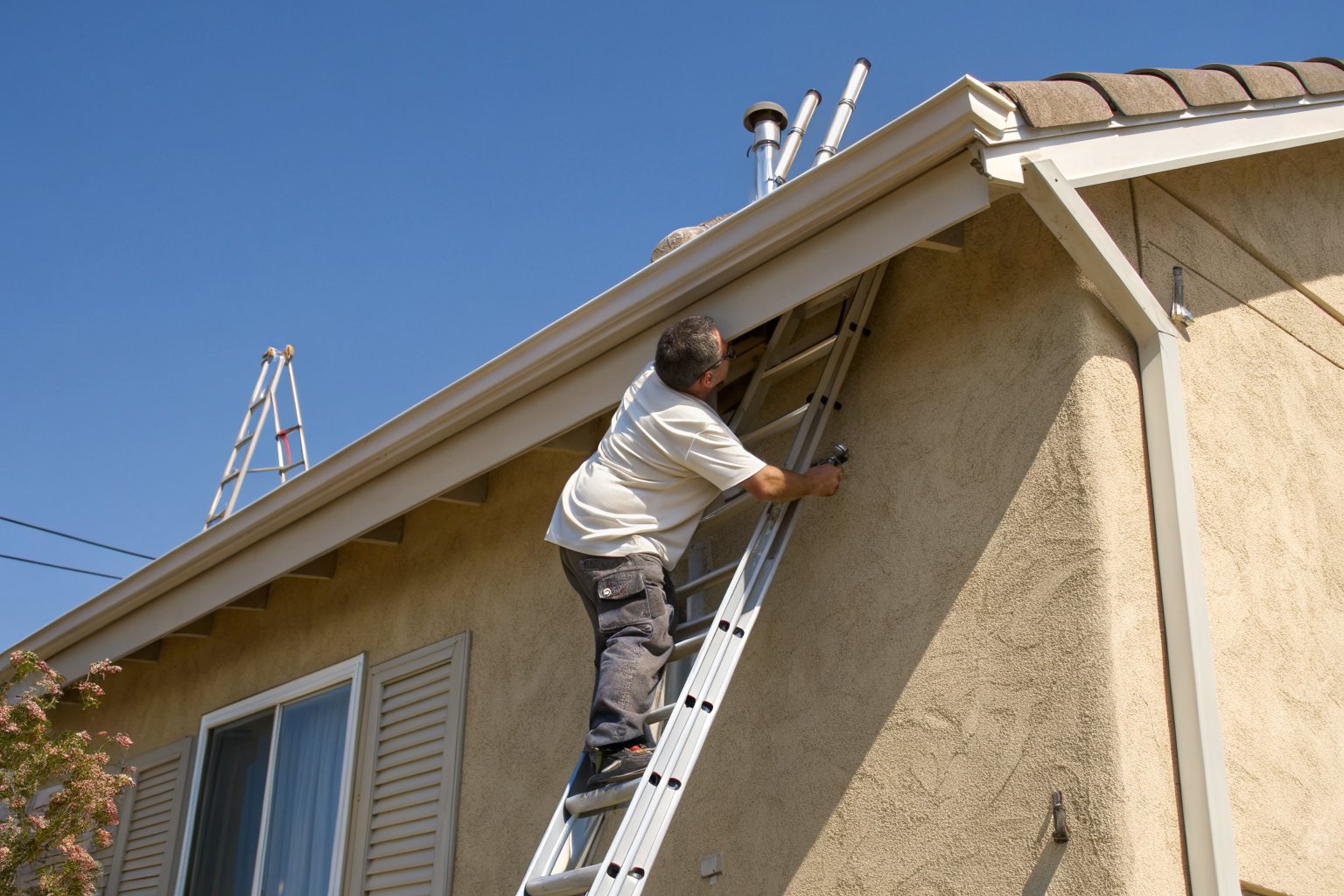 A roofer on an aluminum ladder checking the roof edge of a beige stucco house