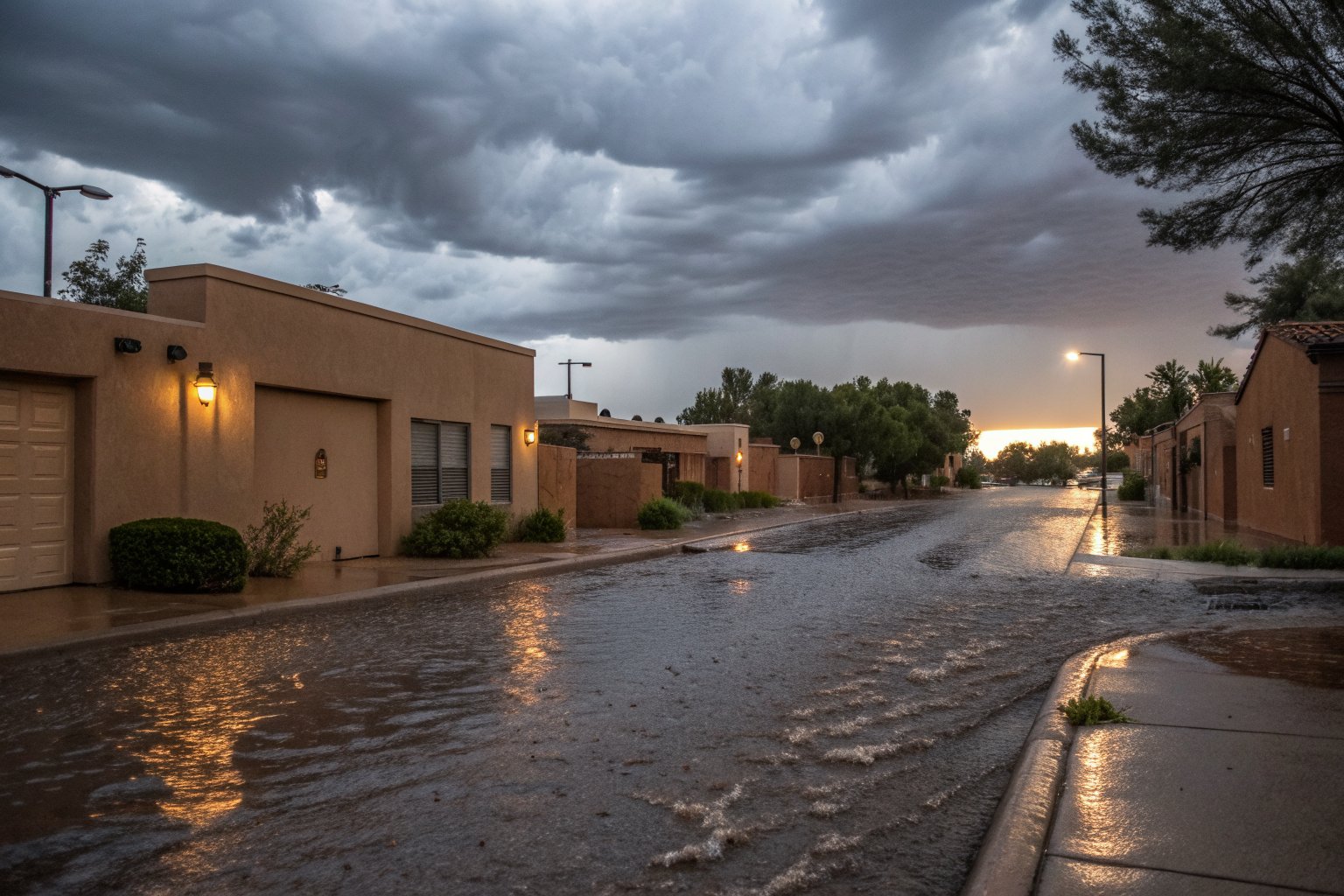 Heavy monsoon rain flooding a residential street of adobe-colored flat-roofed homes under dark clouds