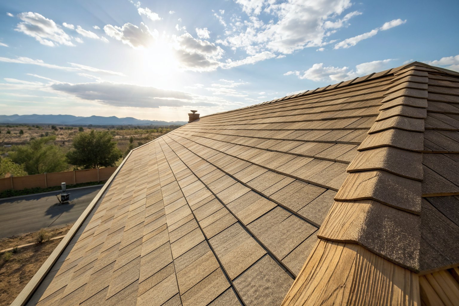 Close view of new tan architectural shingles and a ridge cap in bright sun