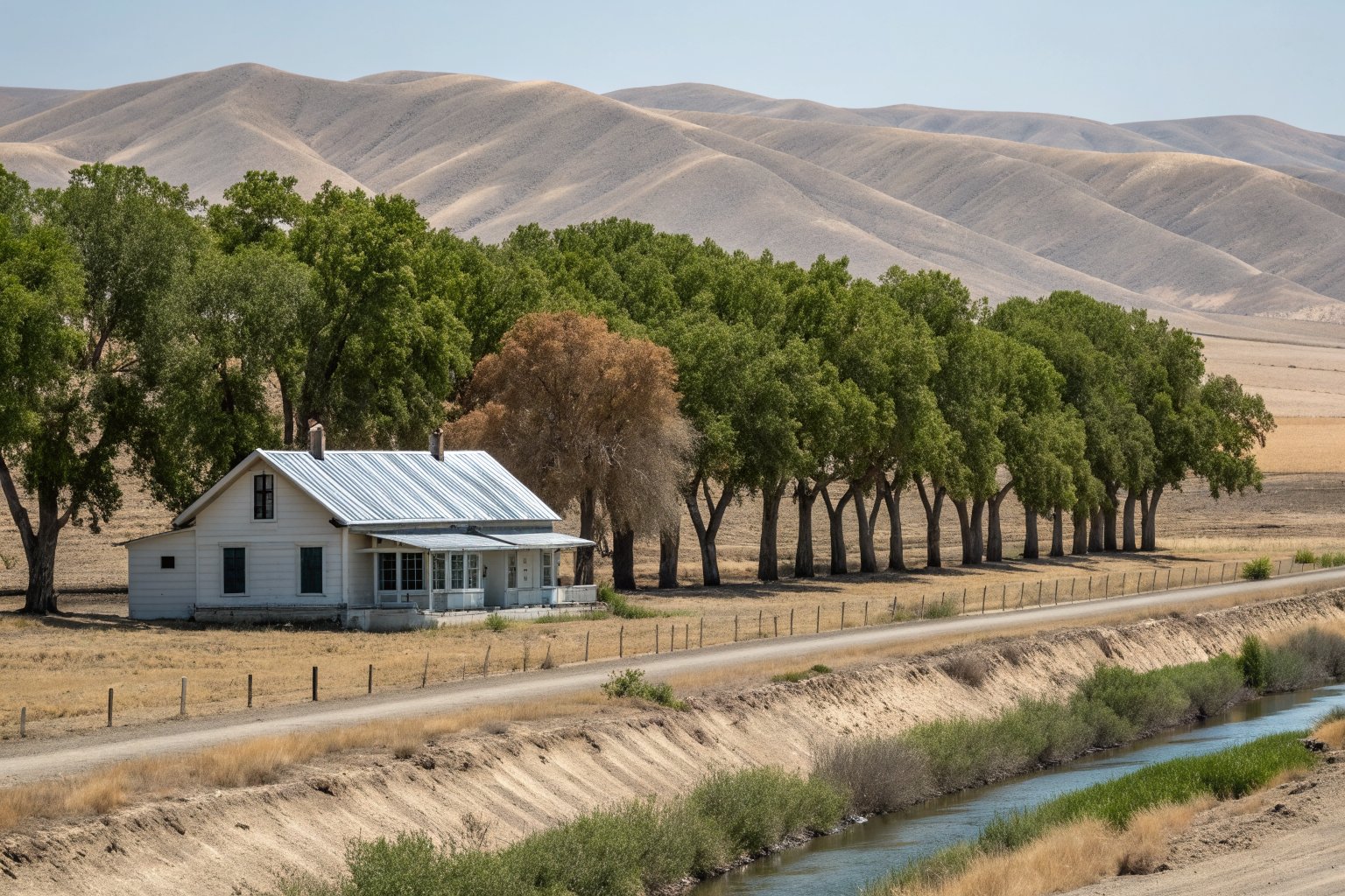 A small white farmhouse with a metal roof beside a row of tall orchard trees and an irrigation canal