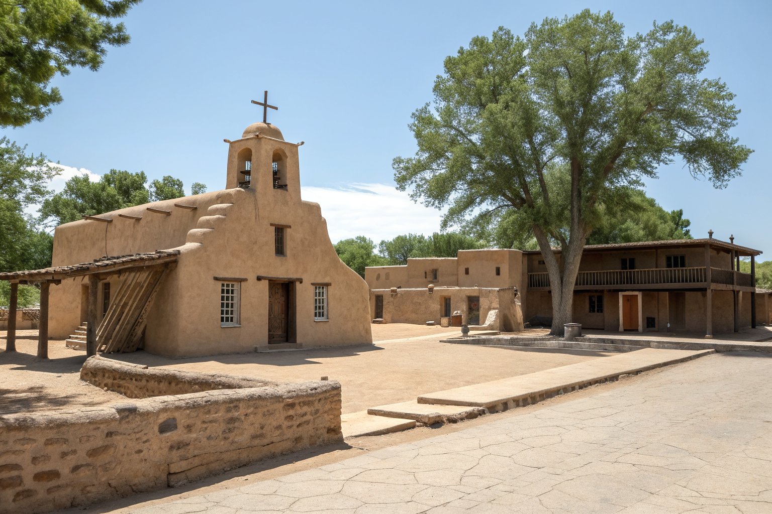 A historic adobe chapel and plaza beside pueblo-style buildings with flat roofs and parapets under big cottonwoods