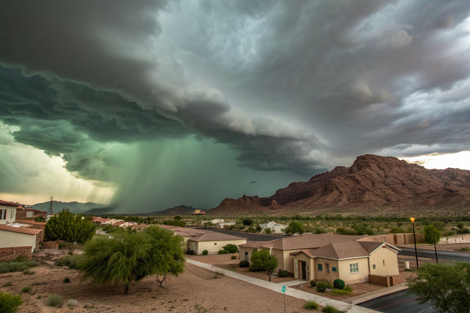 A dark green-gray thunderstorm with a rain and hail shaft over low stucco homes at the foot of red rock mountains