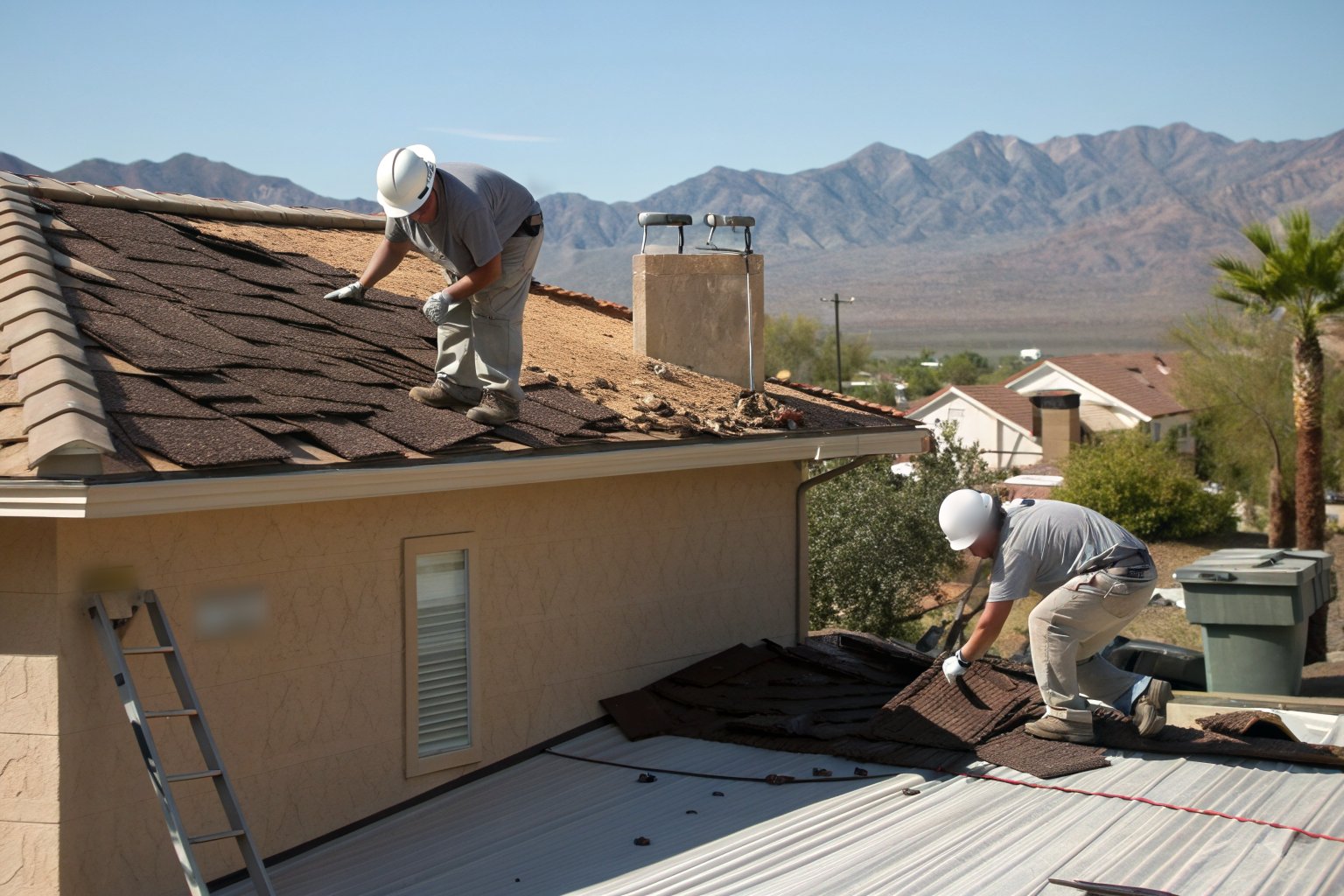 Two roofers in hard hats stripping old shingles from a stucco house down to the decking, mountains behind
